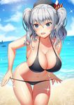  alternate_costume beach bikini bikini_pull black_bikini blue_eyes breasts cloud collarbone day hair_between_eyes highres kantai_collection kashima_(kantai_collection) large_breasts leaning_forward lips long_hair looking_at_viewer navel ocean open_mouth outdoors silver_hair sky solo sparkle swimsuit tako_seijin thighs twintails wavy_hair 