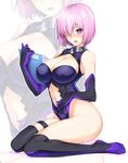  bare_shoulders black_gloves black_legwear blush breasts cleavage clipboard commentary_request covered_nipples elbow_gloves eyebrows_visible_through_hair fate/grand_order fate_(series) full_body gloves hair_over_one_eye harukon_(halcon) highres holding large_breasts leotard looking_at_viewer mash_kyrielight navel navel_cutout open_mouth purple_eyes purple_hair purple_leotard shiny shiny_hair short_hair sitting smile solo thigh_strap thighhighs thighs wariza white_background zoom_layer 