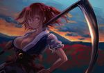  breasts cleavage flower hair_bobbles hair_ornament hand_on_shoulder large_breasts nooca on_shoulder onozuka_komachi red_eyes red_hair scythe short_hair smile solo spider_lily sunset touhou two_side_up 