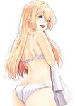  ass attsun_(atsushi_jb) back bangs bare_arms bare_shoulders blonde_hair blue_eyes bra cowboy_shot fang from_behind fujisaki_ayumi hair_between_eyes long_hair looking_at_viewer looking_back open_mouth panties sekai_ka_kanojo_ka_erabenai shirt simple_background solo underwear underwear_only white_background white_bra white_panties white_shirt 