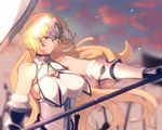  armor armored_dress blonde_hair blue_eyes breasts capelet chain cleavage commentary_request fate/apocrypha fate_(series) faulds flag gauntlets headpiece highres jeanne_d'arc_(fate) jeanne_d'arc_(fate)_(all) kama_(ayaka319) large_breasts long_hair partial_commentary solo yellow_eyes 