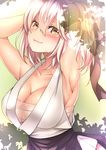  adjusting_hair armpits arms_up black_ribbon blush breasts brown_eyes cleavage closed_mouth collarbone commentary_request dappled_sunlight fate_(series) hair_between_eyes highres japanese_clothes kimono koha-ace large_breasts looking_at_viewer mia_(gute-nacht-07) okita_souji_(fate) okita_souji_(fate)_(all) pink_hair ribbon sarashi sash short_hair sleeveless sleeveless_kimono smile solo sunlight sweat upper_body 