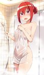  bathroom blush breasts collarbone commentary covered_navel covering fang gabriel_dropout greatmosu hair_between_eyes hair_bun hair_up hand_on_own_chest highres impossible_towel indoors jpeg_artifacts kurumizawa_satanichia_mcdowell large_breasts nude_cover open_mouth pink_eyes red_hair shower_head solo steam thighs towel wet wet_towel white_towel wide_hips 