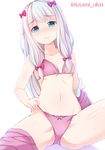  3: bangs blue_eyes blush bow bow_panties bra breasts closed_mouth clothes_pull collarbone commentary_request embarrassed eromanga_sensei eyebrows_visible_through_hair groin hair_bow izumi_akane izumi_sagiri light_frown long_hair looking_at_viewer navel nose_blush pajamas panties pink_bow pink_bra pink_panties shorts shorts_pull simple_background sitting small_breasts solo tareme thighs twitter_username underwear underwear_only white_background white_hair 