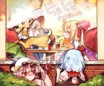  bangs bat_wings black_hat blonde_hair blue_hair blush bow bush crystal cup drinking_glass drinking_straw eyebrows_visible_through_hair eyewear_removed feeding flandre_scarlet food frilled_sleeves frills from_behind green_eyes hair_bow hat hat_bow highres komeiji_koishi komeiji_satori long_sleeves looking_at_another looking_inside multiple_girls no_hat no_headwear omurice open_mouth peeping pink_hair profile red_bow red_eyes remilia_scarlet shaded_face shan short_hair short_sleeves siblings side_ponytail sisters sunglasses sweatdrop third_eye touhou translation_request white_hair white_hat window wings yellow_bow yellow_neckwear yuri 