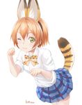  ;3 animal_ears artist_name bow bowtie commentary_request cosplay fake_animal_ears green_eyes hairband hoshizora_rin kemono_friends kotanu_(kotanukiya) looking_at_viewer love_live! love_live!_school_idol_project one_eye_closed orange_hair otonokizaka_school_uniform paw_pose plaid plaid_skirt school_uniform serval_(kemono_friends) serval_(kemono_friends)_(cosplay) serval_ears serval_tail shirt short_hair short_sleeves simple_background skirt solo tail v-shaped_eyebrows white_background white_shirt 