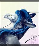  blue_hair deanosaior ear_piercing feathers fur hair piercing solo white_feathers white_fur yellow_eyes 