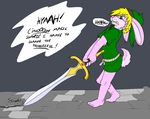 anthro blonde_hair blue_eyes bottomless buckteeth clenched_teeth clothed clothing dialogue fur hair hat humanoid hylian igakattack lagomorph link_(rabbit_form) male mammal melee_weapon nintendo pink_fur rabbit solo sound_effects straining sword teeth the_legend_of_zelda tunic video_games weapon 