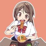  artist_name bad_id bad_pixiv_id bow bowl bowtie chopsticks commentary_request cup drink drinking_glass eating eyebrows_visible_through_hair fisheye food glass holding holding_bowl holding_chopsticks katsudon_(food) light_brown_eyes light_brown_hair long_hair open_mouth orange_background original outline plaid plaid_skirt pleated_skirt red_bow red_neckwear school_uniform shirt short_sleeves simple_background skirt solo syego table twitter_username watermark white_shirt wing_collar 