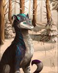  ambiguous_gender blue_eyes day deanosaior detailed_background digital_media_(artwork) dragon feral forest fur furred_dragon grass horn outside sitting snow solo tree 