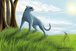 ambiguous_gender cat day deanosaior digital_media_(artwork) eye_patch eyewear feline feral grass mammal outside solo standing tree 