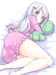  ass bangs bed bloomers blouse blue_eyes blue_hair blush closed_mouth commentary_request eromanga_sensei eyebrows_visible_through_hair frills hair_ribbon highres izumi_sagiri legs legs_folded legs_together long_hair looking_at_viewer lying object_hug on_side pajamas pillow pillow_hug pink_blouse pink_pajamas ribbon silver_hair solo stuffed_animal stuffed_octopus stuffed_toy thighs underwear yamabuki_zarame 