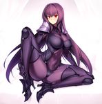  bangs blush bodysuit breasts closed_mouth covered_navel covered_nipples eyebrows_visible_through_hair fate/grand_order fate_(series) flipped_hair greaves harukon_(halcon) high_heels highres impossible_clothes large_breasts leg_lift light_smile long_hair looking_at_viewer on_bed pauldrons purple_bodysuit purple_hair red_eyes scathach_(fate)_(all) scathach_(fate/grand_order) sitting smile solo spread_legs very_long_hair 