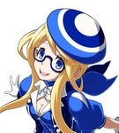  ascot beret blonde_hair blue blue-framed_eyewear blue_eyes blue_neckwear breasts cleavage cleavage_cutout commentary enta_girl falcoon glasses gloves hat mascot medium_breasts neckerchief official_art puffy_short_sleeves puffy_sleeves semi-rimless_eyewear short_hair_with_long_locks short_sleeves smile snk solo under-rim_eyewear white_background white_gloves 