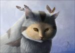  ambiguous_gender brown_eyes cat deanosaior feathers feline fur grey_fur mammal simple_background whiskers 