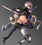  absurdres ass black_gloves black_legwear blindfold bob_cut boots breasts cleavage cleavage_cutout folded_leg full_body gloves gradient gradient_background hairband high_heel_boots high_heels highleg highleg_leotard highres huge_weapon juliet_sleeves leg_up leotard long_sleeves medium_breasts nier_(series) nier_automata ootachi outstretched_arm parted_lips pod_(nier_automata) puffy_sleeves qbspdl silver_hair simple_background solo sword thigh_boots thighhighs twisted_torso weapon yorha_no._2_type_b 