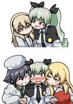  anchovy anzio_school_uniform bangs black_bow black_hair black_neckwear black_ribbon blonde_hair blush bow bowtie braid cape carpaccio chef_hat chef_uniform closed_eyes closed_mouth commentary dress_shirt drill_hair girls_und_panzer green_eyes green_hair grin hair_ribbon half-closed_eyes hat holding_hands light_brown_hair long_hair long_sleeves looking_at_another multiple_girls necktie open_mouth pepperoni_(girls_und_panzer) red_eyes ribbon roah school_uniform shimada_arisu shirt short_hair side_braid side_ponytail simple_background skirt smile suspender_skirt suspenders twin_drills twintails upper_body wavy_mouth white_background white_shirt yuri 