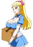  akiba's_trip akiba's_trip_the_animation arisa_ahokainen blonde_hair blue_eyes blush breast_rest breasts cleavage cowboy_shot dress hair_ribbon large_breasts long_hair looking_to_the_side open_mouth package ponytail ribbon shiny shiny_skin solo tawashi1623 white_background 