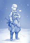  binoculars boots coat commentary erica_(naze1940) gloves gun helmet highres military military_uniform monochrome mp40 nazi original overcoat pouch short_hair sigrunen snow snowing soldier solo ss_insignia stahlhelm submachine_gun uniform weapon world_war_ii 