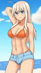  1girl bikini blonde_hair blue_eyes blush breasts groin hachimitsu-b hanna-justina_marseille large_breasts navel short_shorts solo strike_witches world_witches_series 