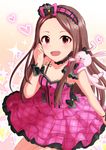  :d armpits bare_shoulders black_bow blush bow breasts brown_hair choker collarbone commentary_request cowboy_shot diamond_(symbol) dress frilled_dress frilled_hairband frills gradient gradient_background hairband hand_on_own_cheek heart idolmaster idolmaster_(classic) idolmaster_2 long_hair looking_at_viewer minase_iori muraiaria on_shoulder open_mouth pink_bow pink_dress pink_eyes pink_hairband plaid plaid_bow plaid_dress sleeveless sleeveless_dress small_breasts smile solo spaghetti_strap sparkle stuffed_animal stuffed_bunny stuffed_toy two-tone_background wrist_cuffs 