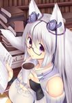  animal_ears black_eyes book breasts bridal_gauntlets cleavage cup fox_ears fox_tail glasses headphones highres large_breasts long_hair looking_at_viewer mug open_book original silver_hair solo sukage tail 