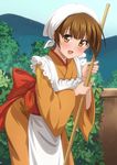  :d anime_coloring apron bamboo_broom blush broom brown_eyes brown_hair commentary_request head_scarf japanese_clothes kimono looking_at_viewer maid_apron nakai_chitose namakemono_(u446644k) open_mouth plant short_hair smile solo sparkle tree vines wa_maid yuragisou_no_yuuna-san 