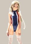  blonde_hair breasts competition_swimsuit highleg highleg_swimsuit katahira_masashi long_hair one-piece_swimsuit original simple_background small_breasts smile solo standing swimsuit thighhighs yellow_eyes 