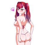  ass back bangs bikini blush breasts from_behind highres kyoubashi_amane long_hair looking_at_viewer looking_back medium_breasts micro_bikini red_eyes red_hair school_girl_strikers shirihime sideboob solo sweatdrop swimsuit thong twintails white_background 