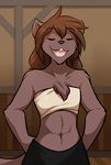  abs anthro breasts brown_fur brown_hair canine chest_tuft chest_wraps clothed clothing cute edit eyes_closed female fur hair hands_on_hips keidran mammal midriff natani smile solo tom_fischbach tuft twokinds wolf wraps 