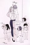  6+girls =3 age_difference barefoot blush bottomless box bracelet carrying child commentary_request genkakuramune glasses greyscale hand_on_another's_chin high_heels highres jewelry long_hair monochrome multiple_girls on_box original short_hair shoulder_carry standing_on_object sweatdrop traditional_media translation_request trembling wall_slam yuri 