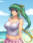  beach blue_eyes bra breasts collarbone commentary covered_navel daiyousei day green_hair hair_ribbon hater_(hatater) highres large_breasts long_hair looking_to_the_side midriff outdoors pink_skirt pointy_ears ribbon side_ponytail skirt smile solo tank_top touhou underwear wings yellow_ribbon 