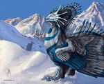  blue_eyes day deanosaior digital_media_(artwork) dragon feathered_dragon feathered_wings feathers feral fur furred_dragon outside snow solo standing white_fur wings 