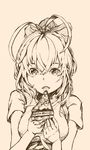  :o absurdres antenna_hair blazblue bow breasts cake eating food fruit genderswap genderswap_(mtf) hair_between_eyes hair_bow highres holding holding_food large_breasts long_hair mai_natsume monochrome olegna_zueqram open_mouth pastry ponytail ribbon sepia_background shirt sidelocks solo strawberry strawberry_shortcake t-shirt upper_body very_long_hair 