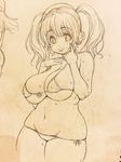  :p bikini breasts cleavage cowboy_shot eyebrows_visible_through_hair front-tie_bikini front-tie_top headphones highres huge_breasts looking_at_viewer navel nitroplus plump short_twintails side-tie_bikini sketch smile solo super_pochaco sweat swimsuit tongue tongue_out traditional_media tsuji_santa twintails 