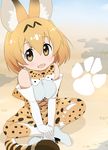  animal_ears blonde_hair bow bowtie breasts cross-laced_clothes elbow_gloves eyebrows_visible_through_hair gloves hair_between_eyes high-waist_skirt highres indian_style kemono_friends looking_at_viewer medium_breasts open_mouth paw_print serval_(kemono_friends) serval_ears serval_print serval_tail shirt shoes short_hair sitting skirt sleeveless sleeveless_shirt smile solo striped_tail tail tokiani v_arms yellow_eyes 