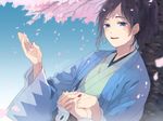  black_hair blue_eyes blush cherry_blossoms haori holding_hands japanese_clothes male_focus mole mole_under_eye nail_polish petals ponytail red_nails scarf shinsengumi signature smile touken_ranbu tree yamato-no-kami_yasusada yoru_(yoru1222) 