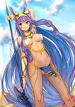  animal_ears arm_up armpits ass_visible_through_thighs bangle bare_legs bare_shoulders big_hair blue_skirt blue_sky bracelet breasts cloud cloudy_sky dark_skin day dutch_angle earrings facepaint fake_animal_ears fate/grand_order fate_(series) hair_ornament hairband holding holding_weapon hoop_earrings jackal_ears jewelry jpeg_artifacts kaguyuzu legs_apart lens_flare light_particles loincloth long_hair low-tied_long_hair medium_breasts navel nitocris_(fate/grand_order) outdoors panties pelvic_curtain polearm purple_eyes purple_hair pyramid revealing_clothes shiny shiny_skin sidelocks skirt sky smile solo standing sunlight tattoo underboob underwear very_long_hair weapon white_panties 