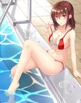  :p arm_support bare_arms bare_legs bare_shoulders barefoot benchen06 bikini blush breasts brown_eyes brown_hair cleavage collarbone highres knee_up looking_at_viewer medium_breasts original pool pool_ladder poolside puddle pulled_by_self red_bikini sitting smile solo sparkle strap_pull strapless swimsuit thighs tile_floor tiles tongue tongue_out tsurime water 