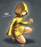  barefoot black_eyes black_hair gia lighter little_nightmares looking_at_viewer one_knee raincoat signature simple_background six_(little_nightmares) solo 