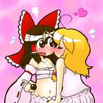  blonde_hair bloomers blush breasts brown_eyes brown_hair cheek_kiss chocolate commentary_request detached_sleeves flying_sweatdrops hakurei_reimu heart holding kirisame_marisa kiss multiple_girls no_nose oily open_mouth ribbon-trimmed_sleeves ribbon_trim sarashi small_breasts steam touhou underwear underwear_only upper_body yuri 