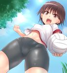  ball bike_shorts blush breasts brown_eyes brown_hair clenched_hand cloud day girls_und_panzer gym_shirt gym_uniform holding holding_ball isobe_noriko kitayama_miuki navel open_mouth outdoors shirt short_hair sky small_breasts smile solo sportswear volleyball 