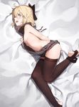  alternate_costume arm_behind_back backless_outfit bare_arms bare_shoulders barefoot bed_sheet black_bow black_panties black_sweater blonde_hair blush bow breasts brown_legwear commentary_request covering drawstring embarrassed fate/grand_order fate_(series) from_above hair_bow hand_on_breast hand_on_own_chest highres koha-ace legs long_legs looking_at_viewer looking_up lying medium_breasts meme_attire naked_sweater okita_souji_(fate) okita_souji_(fate)_(all) on_side open_mouth panties panties_around_one_leg profile qiongsheng ribbed_sweater shiny shiny_hair short_hair sideboob sideways_mouth sleeveless sleeveless_turtleneck solo stomach sweater thighhighs toeless_legwear turtleneck turtleneck_sweater underboob underwear virgin_killer_sweater yellow_eyes 