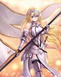  &gt;:) armor armored_boots armored_dress bangs bare_shoulders black_legwear blonde_hair blush boots breasts chain closed_mouth commentary_request cowboy_shot fate/apocrypha fate_(series) faulds flag gauntlets headpiece highres jeanne_d'arc_(fate) jeanne_d'arc_(fate)_(all) long_hair looking_at_viewer lunacle medium_breasts purple_eyes smile solo sword thigh_boots thighhighs thighhighs_under_boots v-shaped_eyebrows very_long_hair weapon 