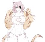  abs animal_ears blue_eyes buck-satan cat_lingerie eyepatch fur jinko_(monster_girl_encyclopedia) looking_at_viewer meme_attire monster_girl monster_girl_encyclopedia paw_pose paws purple_hair solo tail tiger_ears tiger_paws tiger_stripes tiger_tail 