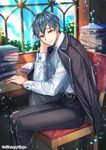  belt blue_sky book brown_eyes chair copyright_name formal indoors interitio looking_at_viewer male_focus official_art shirt sid_story sitting sky solo suit sunlight white_shirt window 