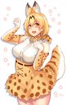  :d animal_ears bare_shoulders blonde_hair blush breasts cowboy_shot cross-laced_clothes elbow_gloves extra_ears gloves hair_between_eyes high-waist_skirt highres kemono_friends large_breasts looking_at_viewer open_mouth orange_eyes paw_pose print_gloves print_skirt serval_(kemono_friends) serval_ears serval_print serval_tail shirt short_hair skirt sleeveless sleeveless_shirt smile solo striped_tail tail yashichii 