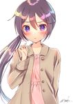  absurdres akebono_(kantai_collection) alternate_costume brown_jacket buttons dress hair_between_eyes highres jacket kantai_collection long_hair long_sleeves pink_dress purple_eyes purple_hair side_ponytail signature simple_background solo very_long_hair white_background yuuzaki 