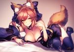  animal_ears bare_shoulders blurry bow breast_rest breasts cleavage depth_of_field detached_collar detached_sleeves fate/extra fate_(series) fox_ears fox_shadow_puppet fox_tail hair_bow japanese_clothes kimono kyouya_(mukuro238) large_breasts looking_at_viewer lying navy_blue_legwear obi on_side pink_hair platform_footwear sandals sash smile solo tail tamamo_(fate)_(all) tamamo_no_mae_(fate) thighhighs twintails wide_sleeves yellow_eyes 