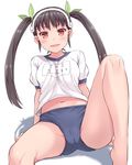  :d bakemonogatari bare_legs barefoot belly_peek blush brown_hair buruma cameltoe fang folded_leg groin_tendon gym_uniform hachikuji_mayoi hair_ribbon hairband hasu_(hk_works) leaning_back leg_up long_hair looking_at_viewer midriff monogatari_(series) name_tag navel open_mouth red_eyes ribbon simple_background sitting smile solo spread_legs sweatdrop twintails v-shaped_eyebrows white_background 